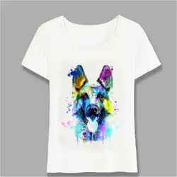 Немецкая овчарка цвета воды искусство блестящий цвет футболка Милая женская футболка крутая собака Дизайн топы для девочек белые