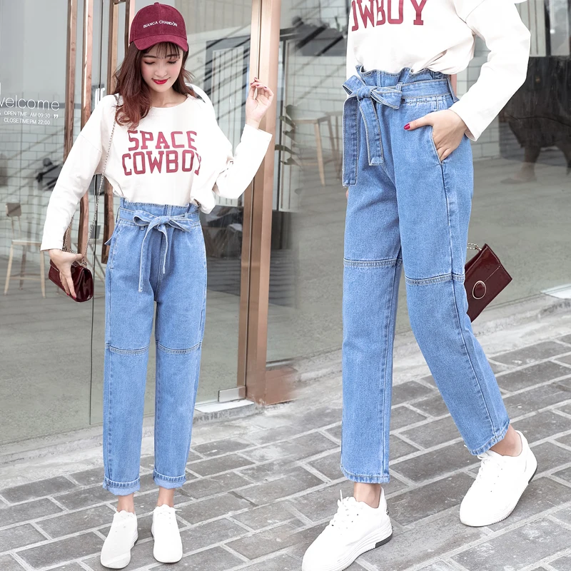 Реальный выстрел 2018 новый женский корейской версии керлинг высокая талия джинсы женские девять очков свободные шаровары 8102