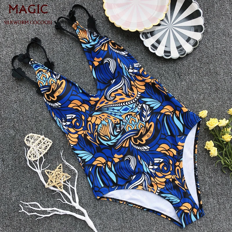 

Flower Stitching Print Swimsuit Sexy U Backless One Piece Swimwear Women Bodysuit High Waist Beachwear Female Bathing Suits New