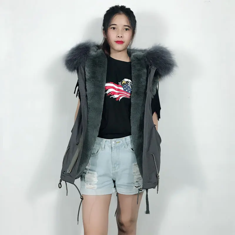 Plus size Winter women Vest Jacket Big Size Raccon Hooded Gray Color Ladies Fur Vest