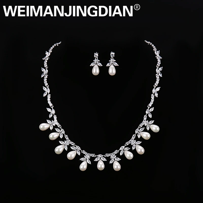 

WEIMANJINGDIAN Cubic Zirconia and Shell Pearl Water Drop Design Earring Necklace Set for Wedding Women or Mother's Jewelry Gifts
