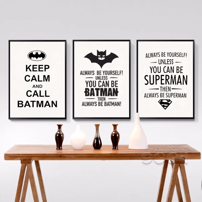 

HOT Modern Brief Batman Superman Triptyque Canvas Decorative Painting Decals For Kids Rooms Unframed Nursery School Home Decor