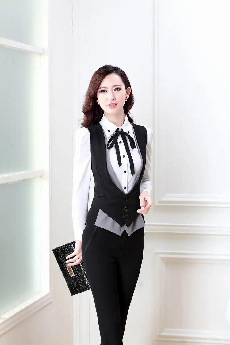 

Formal Uniform Design Pantsuits Professional Spring Autumn Business Suits 3 pieces With Vest + Pants + Blouses Blazers Outfits