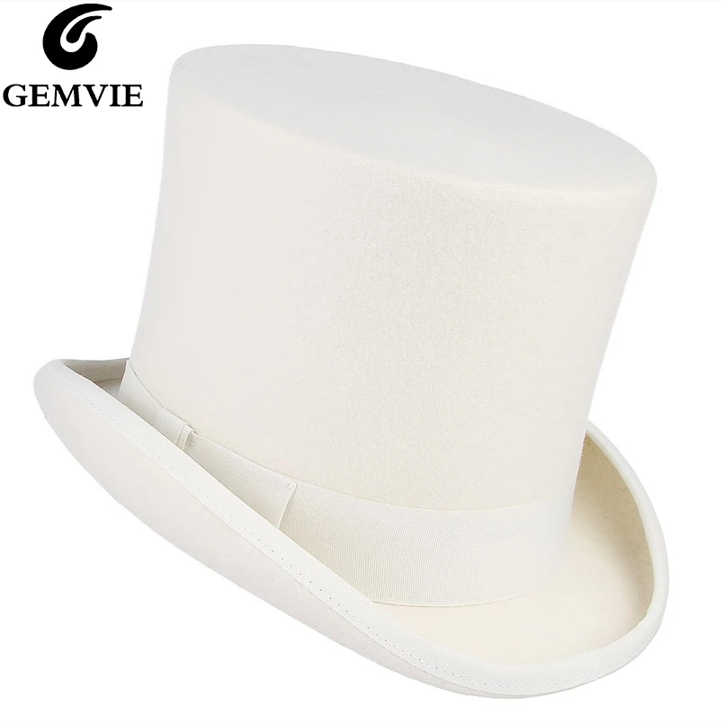 

GEMVIE White Top Hat President Cap Cylinder Men 100% Wool Fedoras Women Flat-top High Derby Hat Retro Steampunk Magician Hat