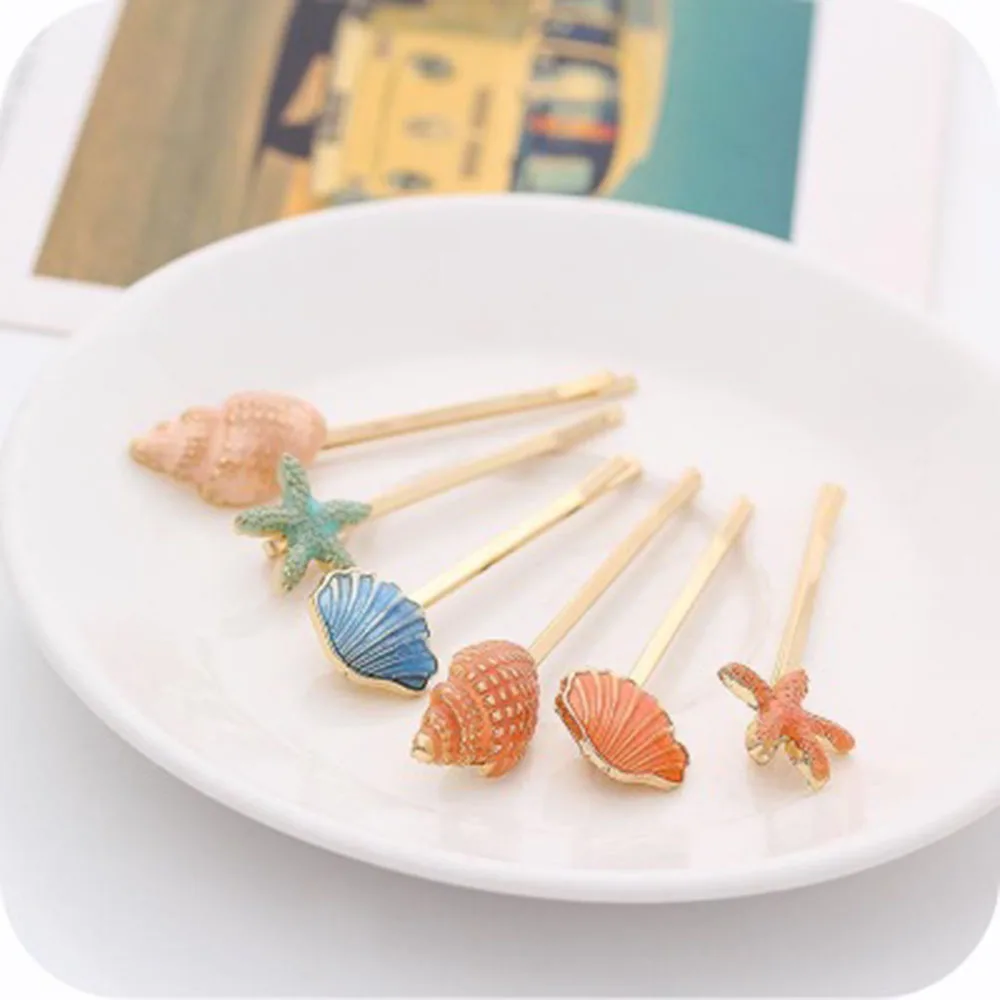 

Ocean Style Sweet Candy Color Hairpins Women Girls Cute Vivid Seashell Conch Starfish Shape Hair Clip Casual Side Bangs Barrette
