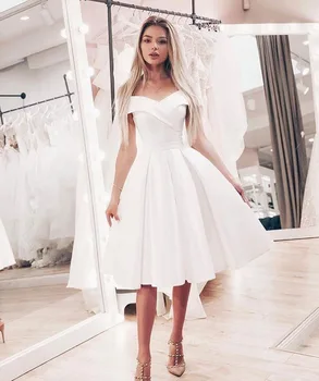 

Summer Off Shoulder Short Wedding Dress Simple Knee Length Satin Cheap 2019 New Arrival Bride Dresses White Bridal Gowns