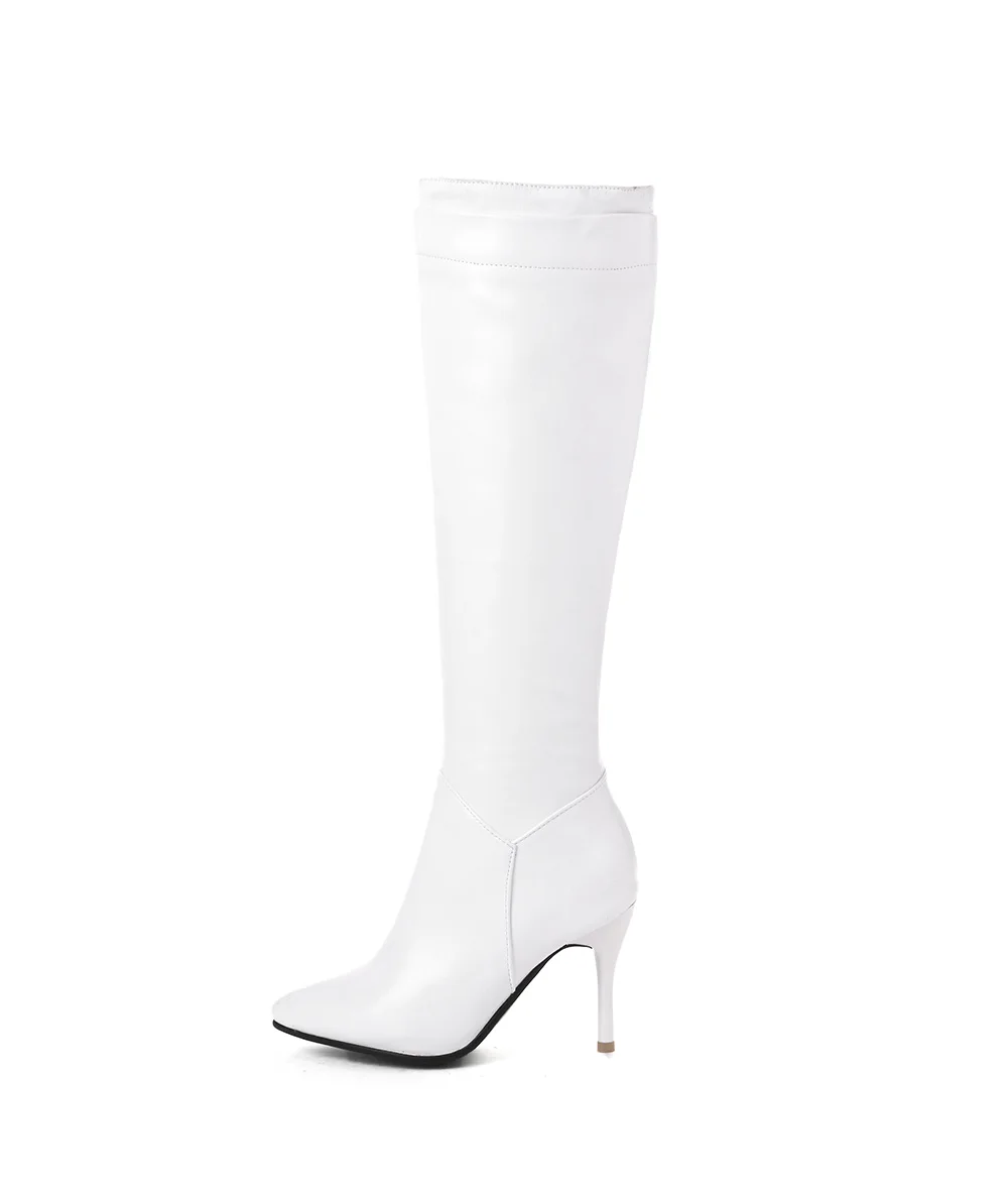 Новые брендовые зимние модные черные и белые женские сапоги до колена женская обувь для танцев на тонком высоком каблуке EC65, большие размеры 10, 43, 45 - Цвет: White
