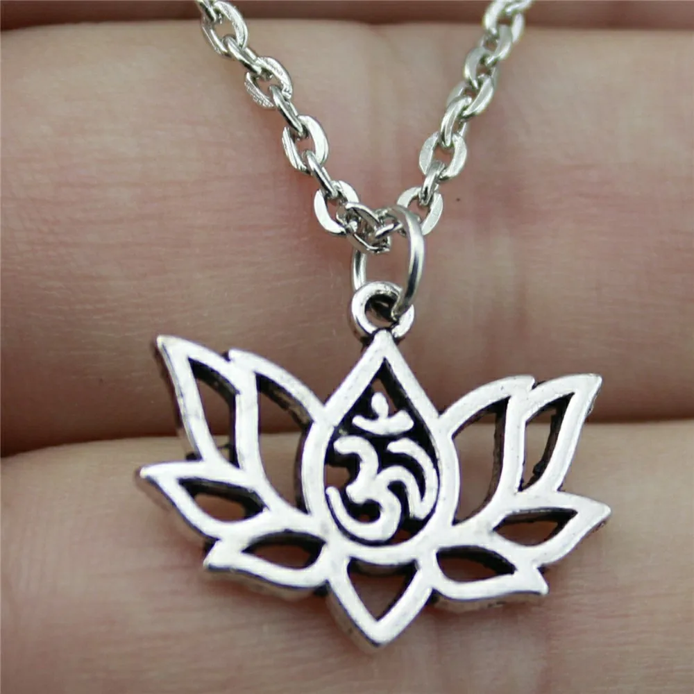 

Dropshipping Welcome 21x17mm Lotus Yoga Om Pendant Necklace Antique Silver Color Necklace Fashion 2019