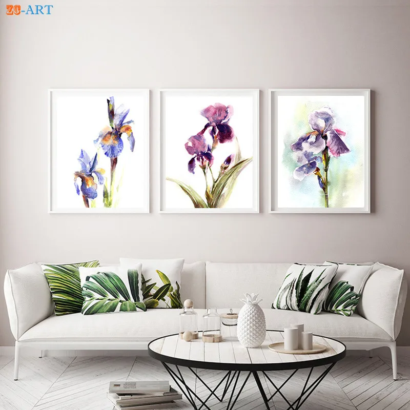 

Modern Purple Irises Prints Watercolor Painting Modern Flowers Botanical Wall Art Canvas Painting for Women Bedroom Decor Framed