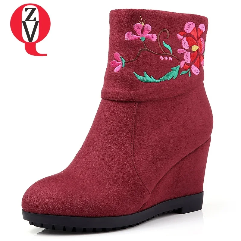 

ZVQ botas mujer newest hot sale flock embroider super high wedges round toe zipper wine red and black comfortable ankle boots