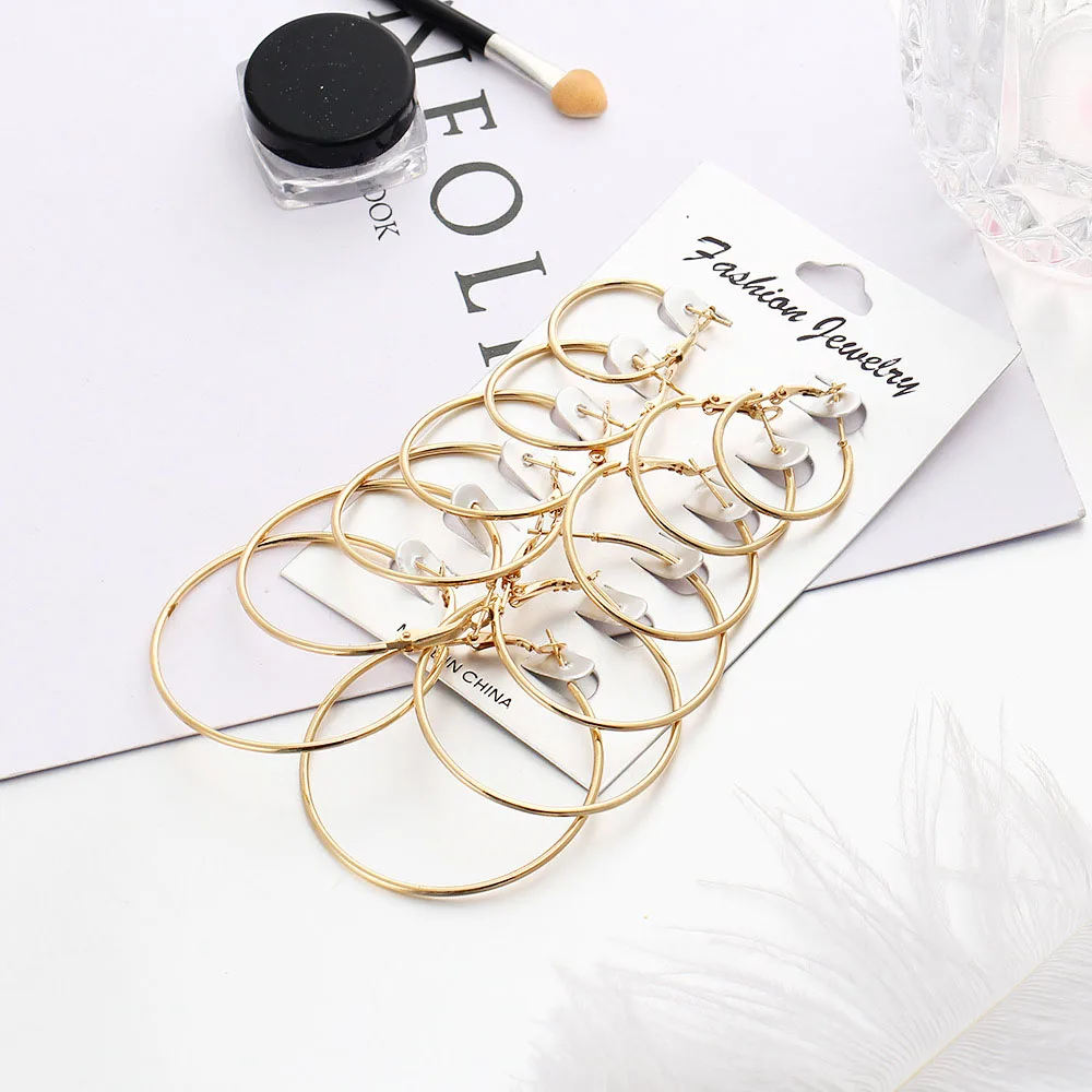 

6Pc/set rock exaggerated earring simple and generous earring set Personal earrings combination hoop earrings for women