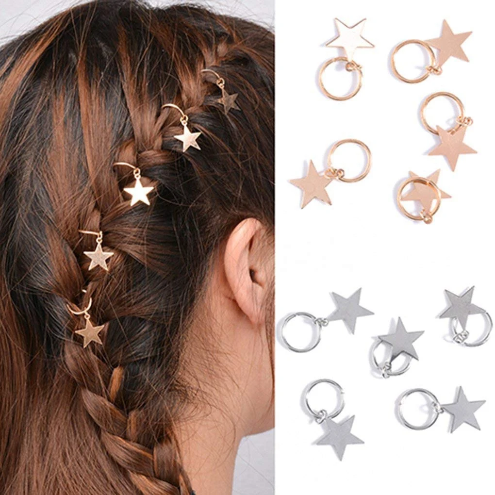 

10pcs Lady Girls Cute Shiny Silver & Gold Star Hair Rings Braids Plaits Hair Clips Metal Cuffs Hair Decoration Braiding Hair J