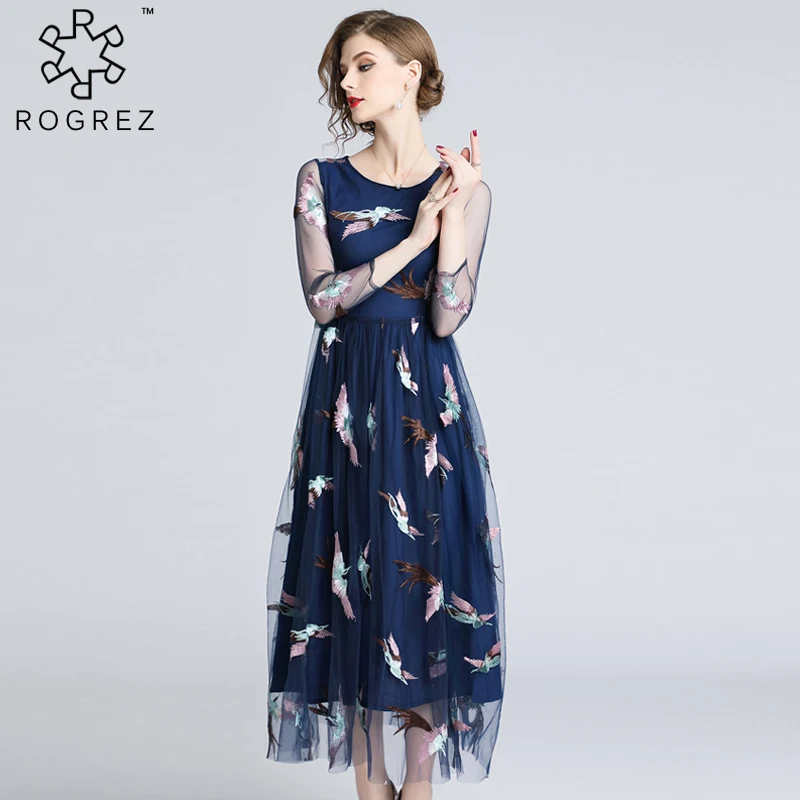 ROGREZ Blue женское элегантное платье Vestido полупрозрачное Сетчатое платье с длинным рукавом с рисунком птицы Повседневное платье с круглым вырезом длинное платье в стиле бохо - Цвет: Blue