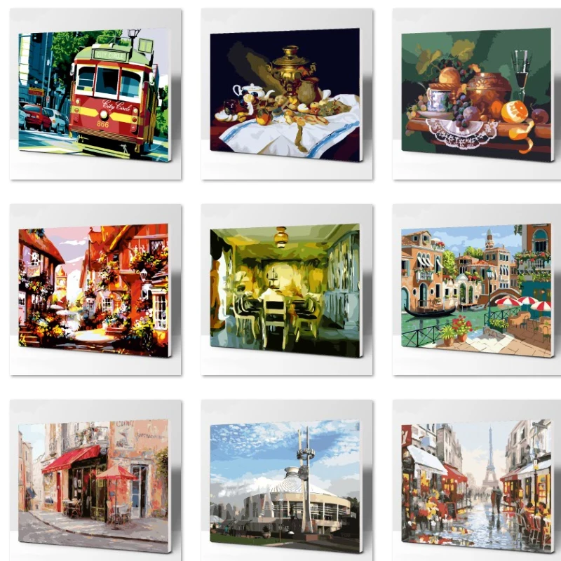

Building street number Oil Painting Wall Pictures For dining Room Canvas europe Digital painting No frame Home Decoration