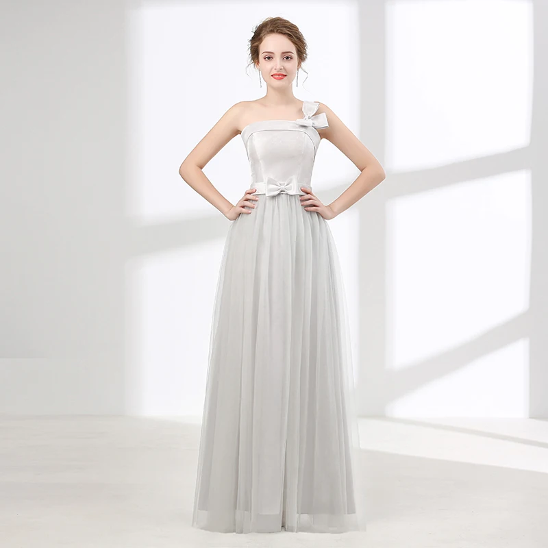 Silver Evening Dresses 2019 A line One shoulder Tulle Bow ...