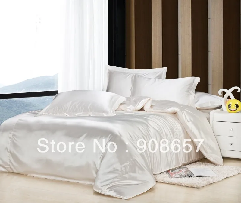 

cream white luxurious Smooth Shiny imitated silk satin fabric bed linen bedding comforter queen/full quilt duvet cover sheet set