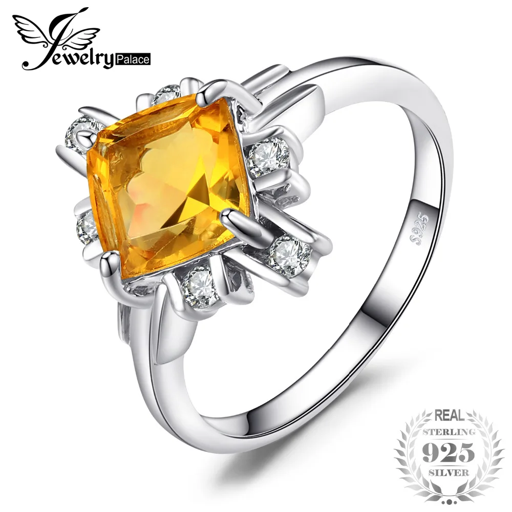 

JewelryPalace 2.2ct Yellow Square Genuine Citrine White Rock Crystal Cocktail Ring 925 Sterling Silver Fine Jewelry For Women