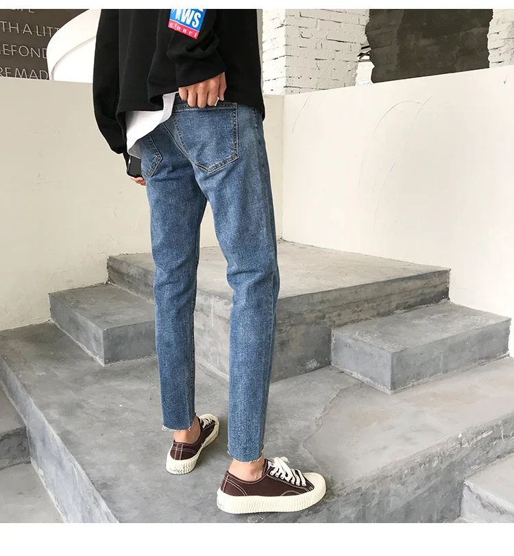 2018 японский стиль для мужчин весна сплошной цвет стрейч Slim Fit классический обтягивающие джинсы Синий повседневные штаны байкерские Джинс