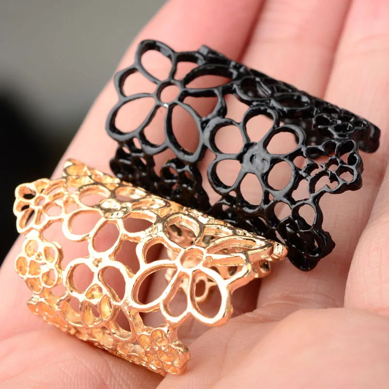 

1Pcs New Fashion Vintage Punk Rings Retro Simple Hollow Flower Long Knuckle Adjustable Ring Women Jewelry Black Gold