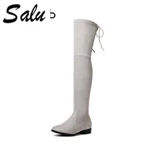 Salu/Сапоги выше колена; модные женские сапоги; Новинка года; женские ботинки на низком квадратном каблуке; короткие плюшевые сапоги с круглым носком; большие размеры 11, 12