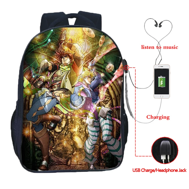JoJo No Kimyou Na Bouken JoJo's Необычные Приключения Jotaro USB Chargingbackpack для мужчин женщин мальчиков девочек рюкзаки школьные сумки