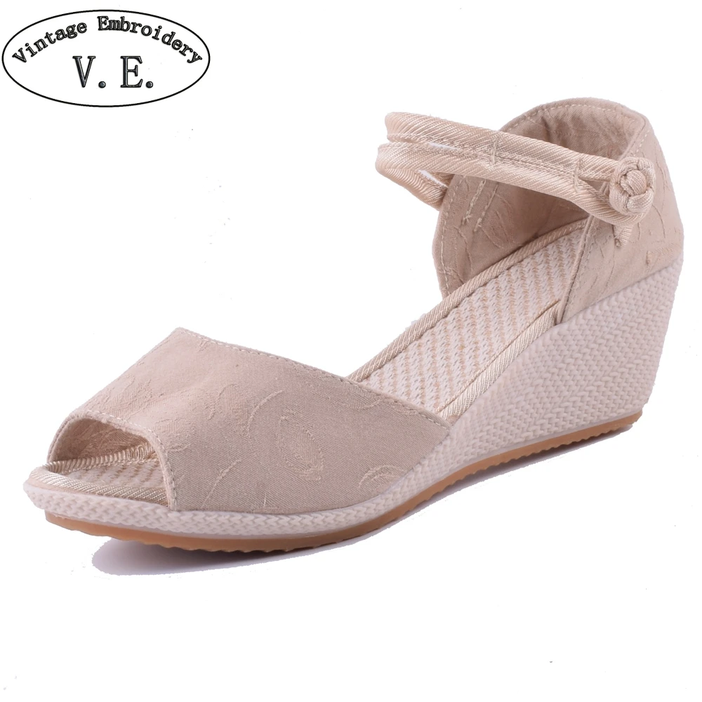 

Vintage Embroidery New Spring Summer Women's Sandals Open Peep Toe High Heel Sandalet Causal Cotton Fabric Chaussure Femme Talon