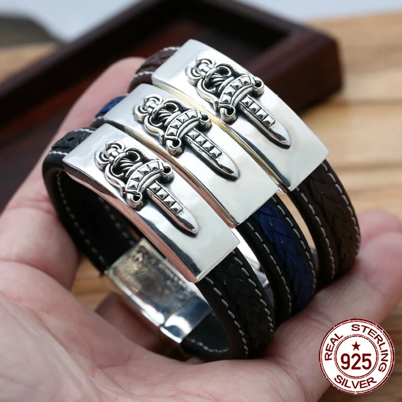 

S925 sterling silver men's bracelet personality fashion high-quality jewelry leather dagger shape 2018 new gift to send lover
