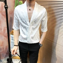 Сексуальный пуловер с глубоким v-образным вырезом, мужская рубашка, лето, блестящие стильные рубашки для мужчин, жаккард, Облегающая рубашка, Мужская корейская мода