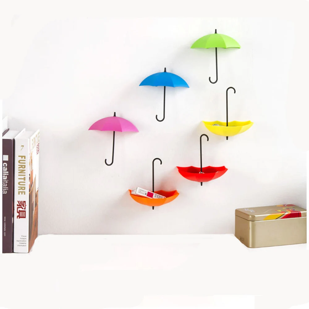 

6PCS/Set Colorful Umbrella Shape Wall Hooks Umbrella Shape Wall Decor Racks Wall Organizer Containers for Kitchen Bathroom