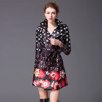 

2017 Newest Fashion Spring& fall Women Vintage Colourful Flower Print Long Sleeve Brand Cotton Coat with Belt