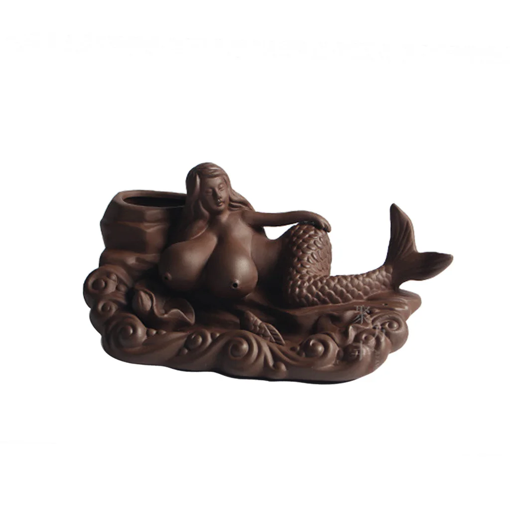 Ceramic Brown Mermaid Incense Burner Statue Burner Figurine Statue Home Decor Tea House Bedroom Table Decoration Great as Gift 