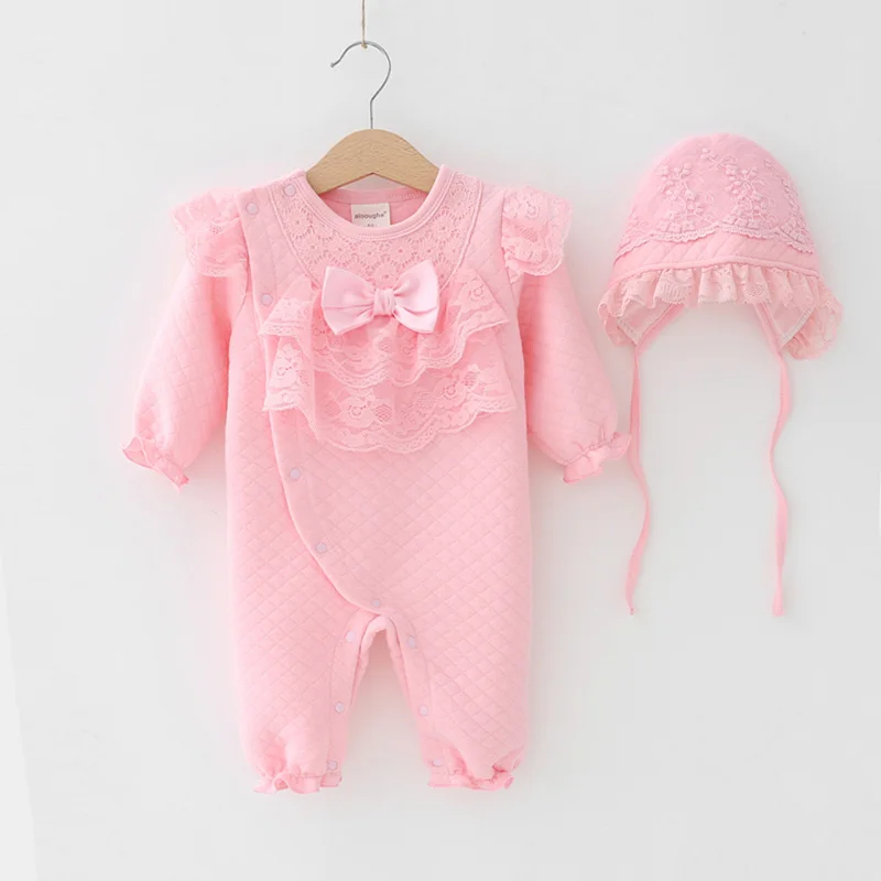 Осенне-зимний хлопковый кружевной комбинезон для маленьких девочек, комбинезон Rompe с кепкой, белый, розовый детский спальный мешок, Одежда для новорожденных, 3 м, 6 м, 9 м
