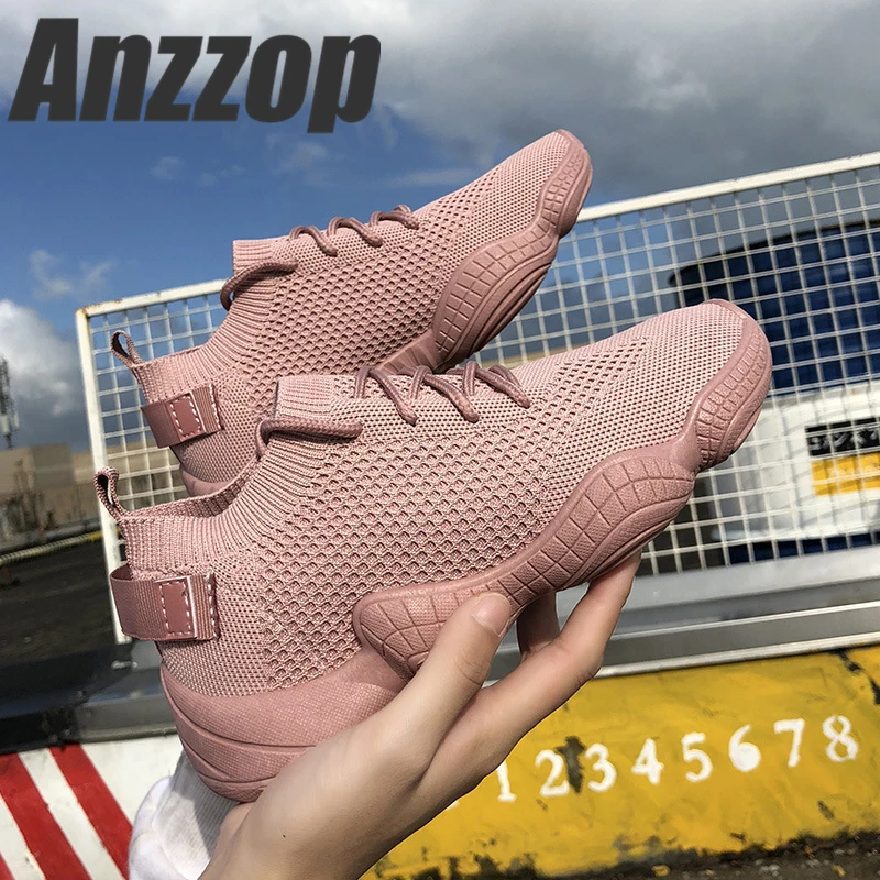 

Luxury Women's Shoes Casual Fashion Sneaker Flat Platform Flyknit Stretch Fabric Ladies Shoes 2018 New Mesh Lace-up High Quality