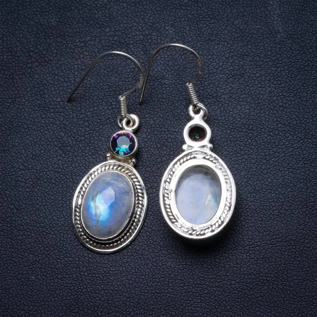 

Natural Rainbow Moonstone and Mystical Topaz Unique 925 Sterling Silver Earrings 1.5" X3720