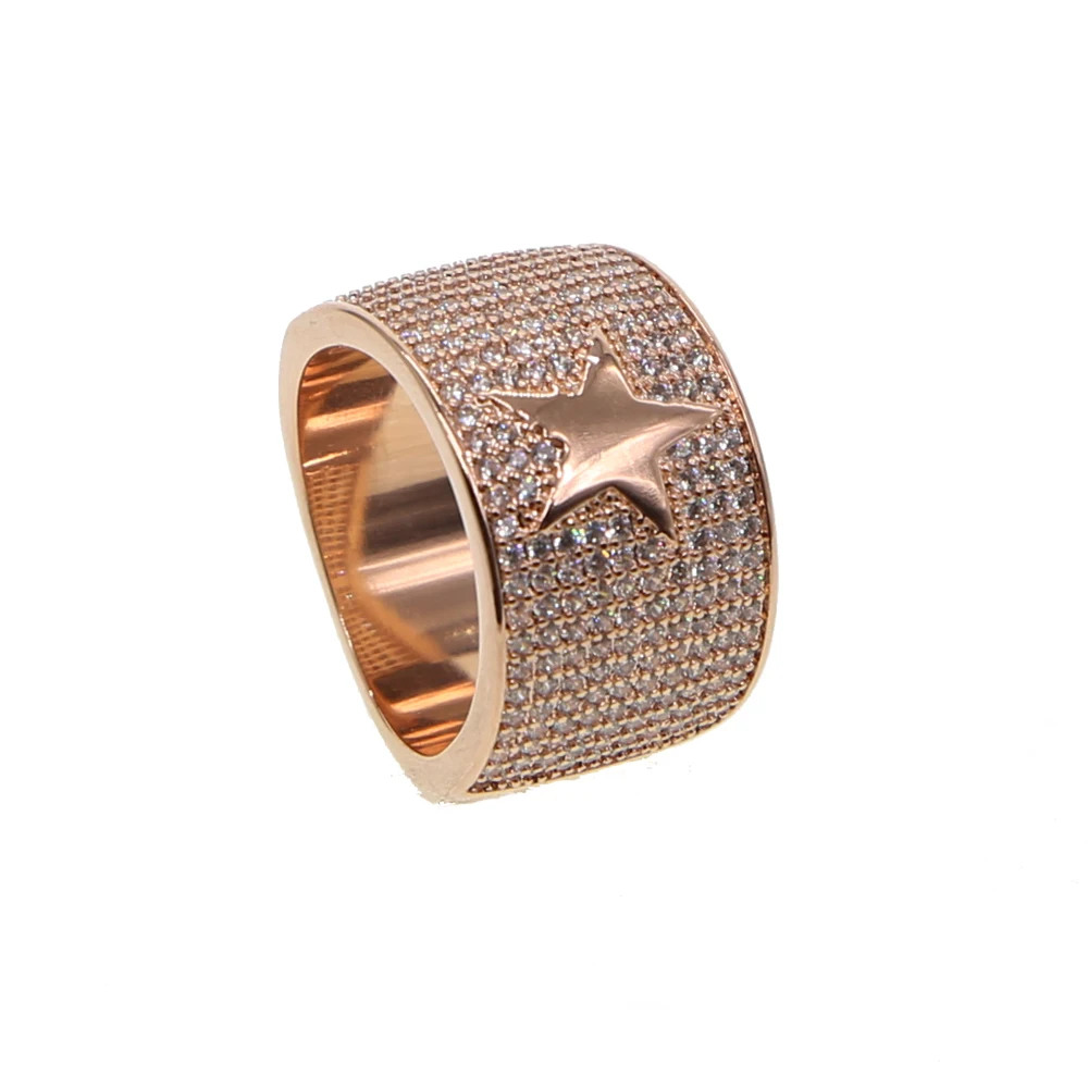 

2018High quality hip hop bling women Men fashion rose gold color jewelry micro pave big sparkling full cz star shape finger ring