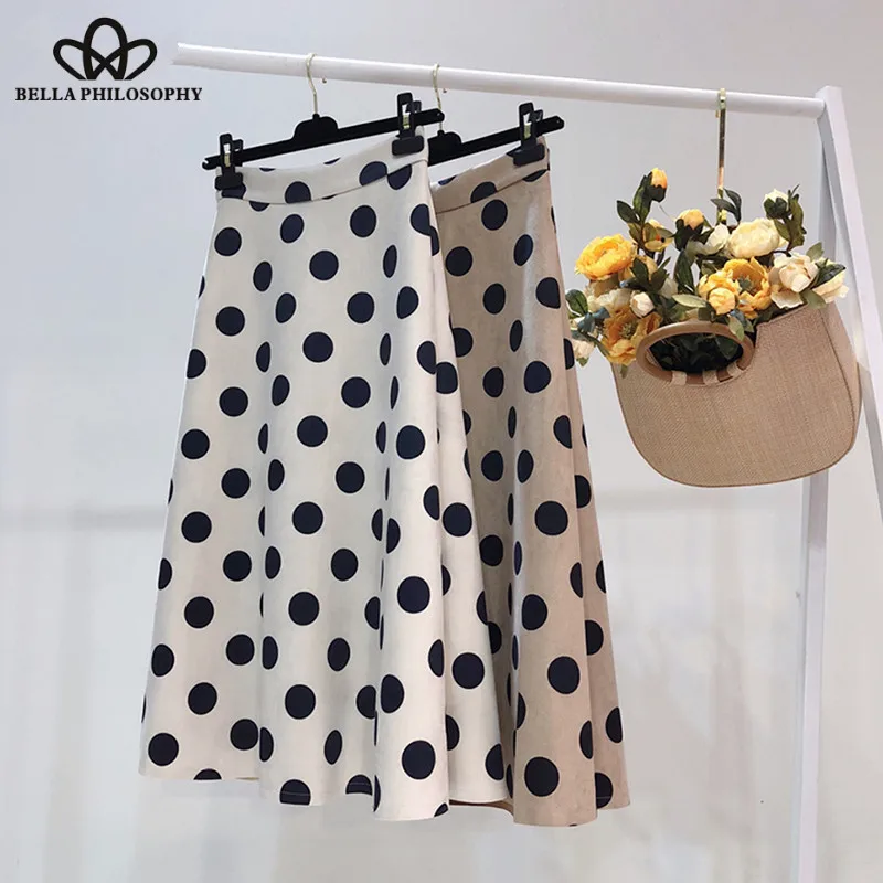 Wonder 2018 new fashion Dot Print Suede Skirt Fashion Korean High Waist Midi Skirt Vintage Female A-line Skater Skirt