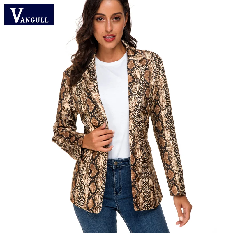 

2019 Spring Fashion Women's Clothing Snake Print Female Loose Blazers Long Sleeve None Button Notched New Style Pockets Coats