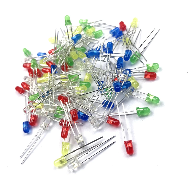 100pcs LED Emitting Diodes Light Kit 3mm 5 Colors Round Top Diffused White Yellow Red Blue Green Assortment Kit For Lighting DIY