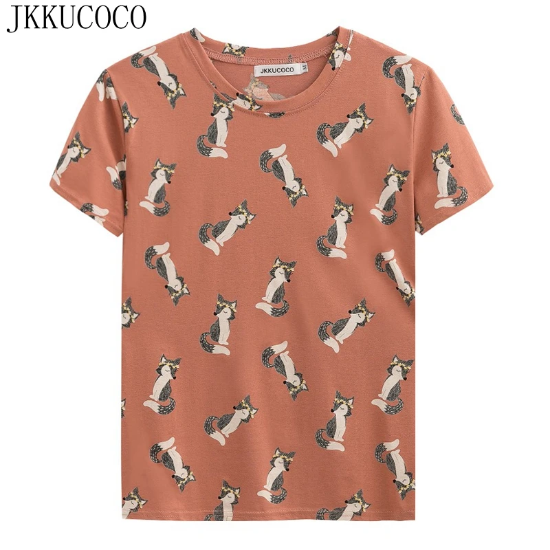 JKKUCOCO Wreath little Fox Print Top quality Cotton t-shirt Women Tops Short Sleeve Casual T-shirt Women Shirt Casual t shirt