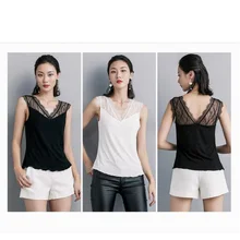 Летние ресницы слинг кружева сшивание черный двойной V сексуальная без рукавов полый дизайн нательная майка
