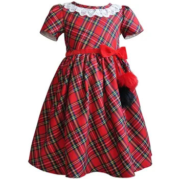 

Girls Holiday Plaid Dresses Red Checked Toddler Kids Outfits Christmas Party Events Ball Gown with Velvet Trim,furry Balls