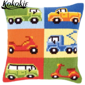 

handmade embroidery cushion cover kits cross stitch cartoon car printed thread throw pillowcase cotton embroider needlework kits