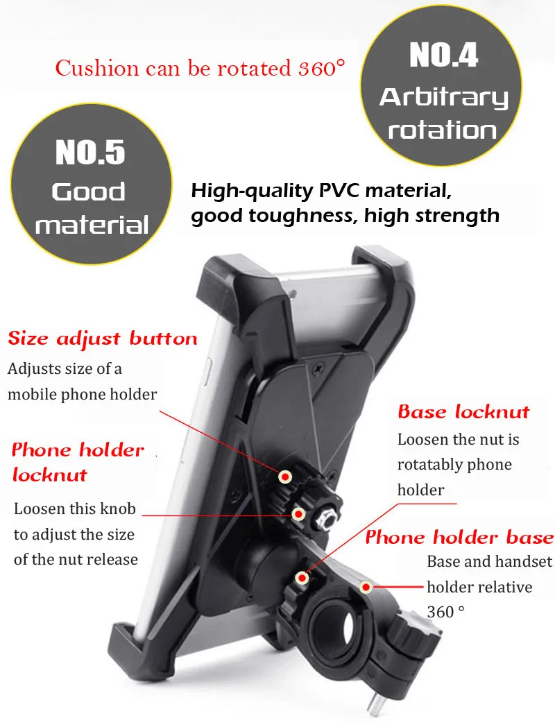 Excellent Universal 360 Degree Rotation Bike Bicycle Motorcycle Handlebar Clip Stand Phone Holder Bracket Mount Shockproof for 3.5-6.5" 6