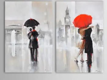 

Romantic Lovers in London Paris handmade wall art modern rain landscape picture two people walk under the red umbrella