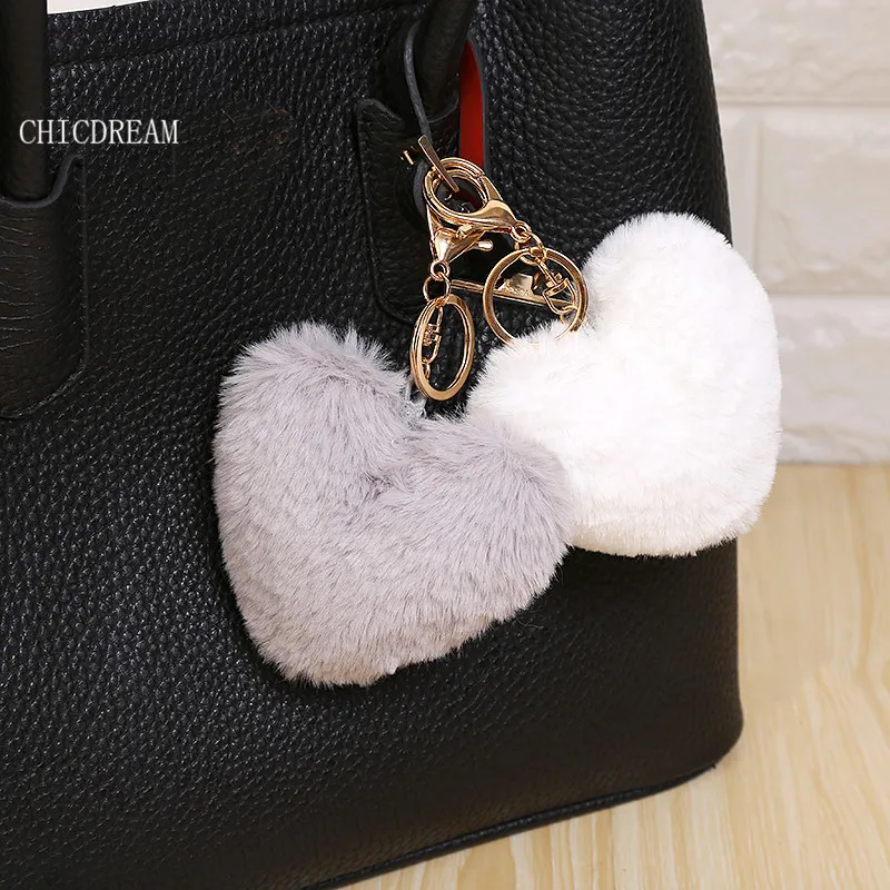 

1 Pcs Luxury Faux Rabbit Fluffy Fur Keychain Heart Ball Car Handbag Key Ring Cars Keyrings Trinkets Pom Pom Pendant Accessories