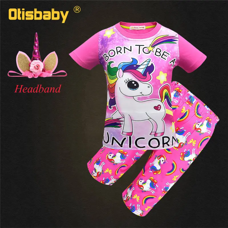 Пижамные комплекты с единорогом для девочек, хлопковая одежда для сна, летняя Пижама с короткими рукавами, розовая Рождественская Пижама с радугой, одежда для сна с изображением пони - Цвет: Rose