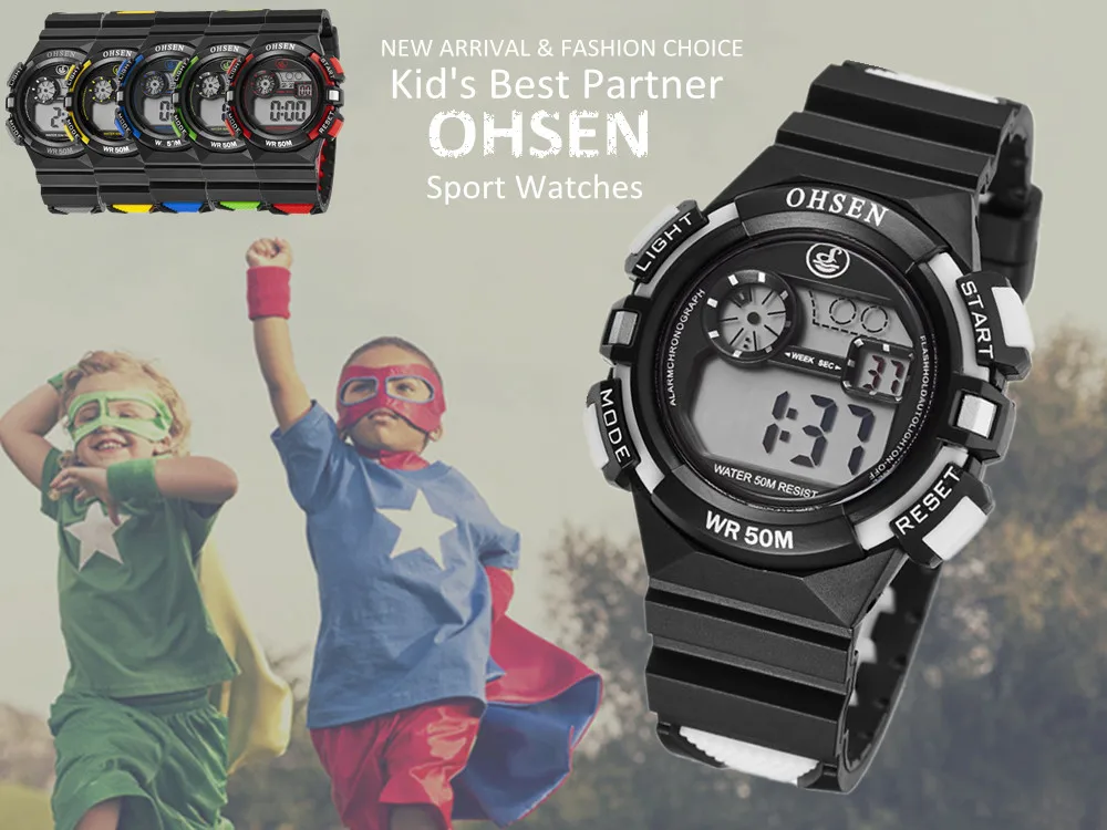 OHSEN цифровой Бренд 2016 ЖК дисплей дети обувь для мальчиков детские спортивные наручные часы-будильники силиконовые 30 м водонепроница Дата