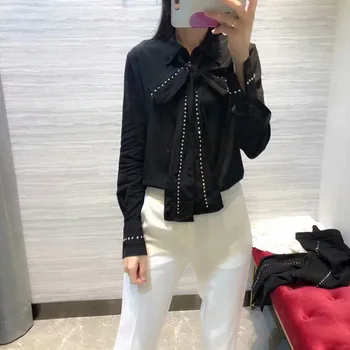 

2018 women turn-down collar diamonds bow tops blouse 2colors at180725