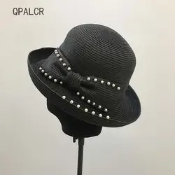 QPALCR 2019 весна лето солнцезащитные шляпы для женщин Элегантный жемчуг бант ОБЖИМНАЯ пляжная шляпа Европа Солнцезащитная соломенная шляпа