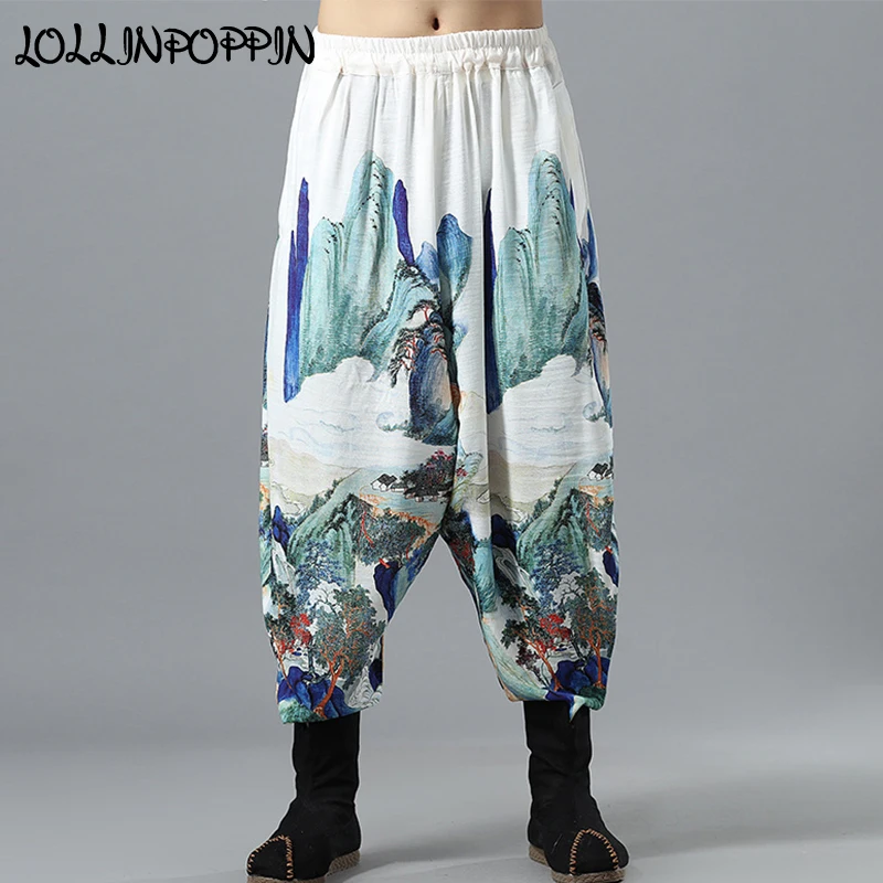 Landscape Printed Mens Linen Harem Pants Chinese Style Cotton & Linen